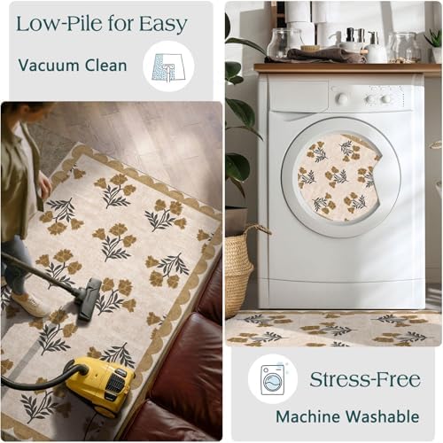 Front Door Mat Indoor Entrance - 2x4.3 Ft Floral Washable Layered Doormat Outdoor Entrance Spring Porch Rug Non-Slip Beige Boho Runner Rug for Kitchen Hallway Bedroom Laundry Room Porch Decor - Image 6