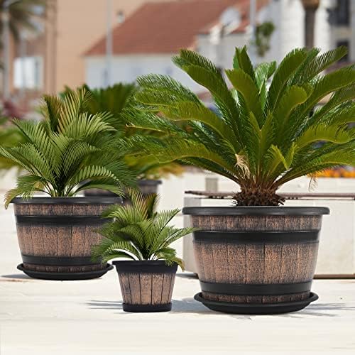 Quarut Plant Pots Set of 3 Pack 9 inch,Whiskey Barrel Planters with Drainage Holes & Saucer.Plastic Decor Flower Pots Imitation Wine Barrel Design,for Indoor & Outdoor Garden Home Plants (Brown) - Image 6