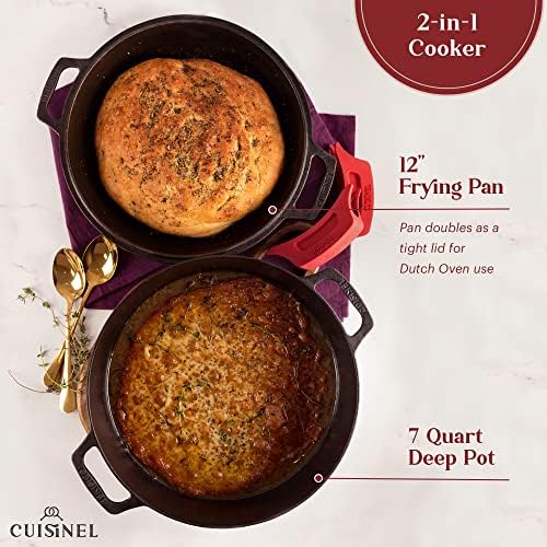 Cuisinel 7-Quart Cast Iron Dutch Oven + Pan Scraper + Silicone Handle Grips - 2-in-1 Pot+Pan Combo Skillet - Pre-Seasoned Indoor/Outdoor Cookware + Instruction & Care Booklet - Image 5