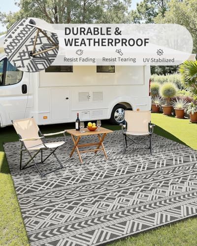 MontVoo Outdoor Rug Carpet Waterproof 9x12 Outdoor Patio Rug Mat Reverisble Plastic Straw Outdoor Rug for RV Camping Picnic Beach Balcony Boho Grey Large - Image 4