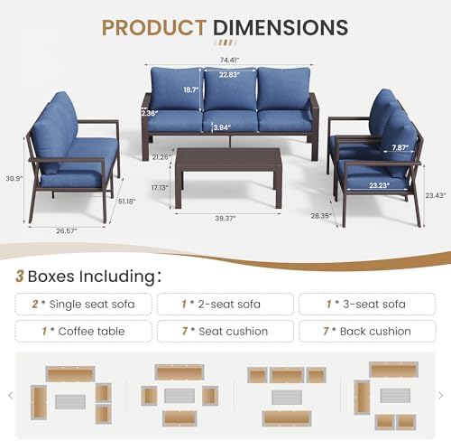 Aluminum Patio Furniture Set 5 Pieces Modern Patio Conversation Sets for Porch, Deck, Garden, 7-Seat Outdoor Furniture Metal Sofa Set with 4" Water-Resistant Cushion & Coffee Table,Navy - Image 5