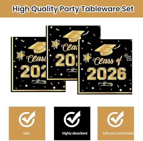 40Pcs Graduation Plates and Napkins 2026 Party Supplies, Class Of 2026 Disposable Black Gold Tableware Set for Congrats Grad Party Decorations (Graduation) - Image 5