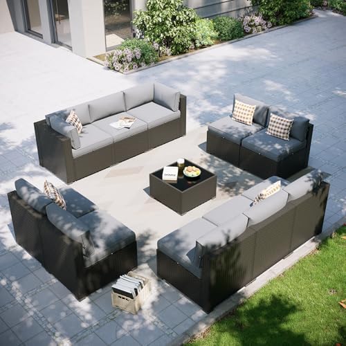 Aoxun Patio Furniture Set, 11 Piece Outdoor Sectional Sofas with Waterproof Cover, 10 Seats Wicker Rattan Outdoor Furniture Patio Conversation Set for Backyard, Garden Light Grey by Aoxun