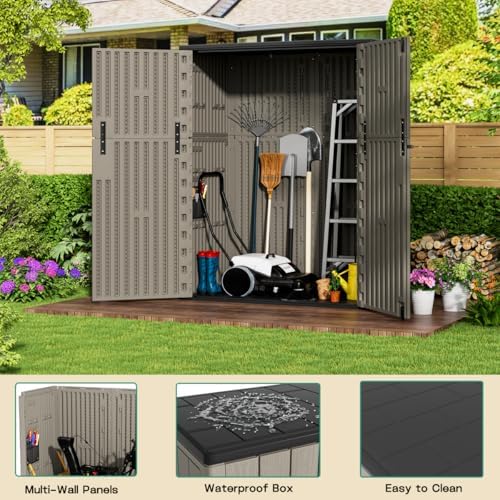 KINYING Outdoor Vertical Storage Shed,57 Cu.ft Outdoor Storage Cabinet Waterproof,Resin Sheds & Outdoor Storage Clearance for Garden,Patio,Backyard,Lockable (Brown) - Image 3