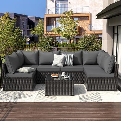 Patio Furniture Set, 7PCS Outdoor Sectional PE Rattan Patio Conversation Set w/Thickened Cushion Modular Wicker Patio Sofa Set w/Coffee Table for Balcony, Backyard(Grey) - Image 2