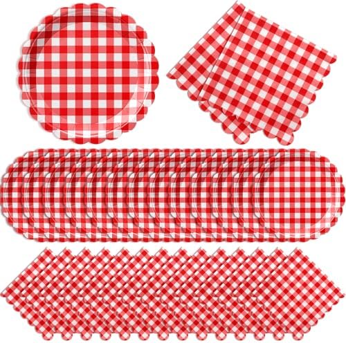 Roshtia 120 Pcs Red Gingham Plates and Napkins Set, Serves 60 by Roshtia