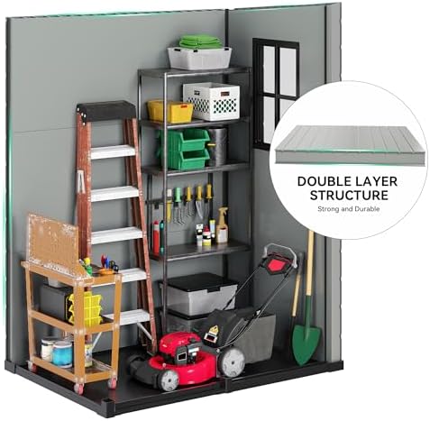 DWVO Outdoor Storage Shed 5x3FT with Fence-Style and Side Windows, Floor & Lockable Doors, Plastic Storage Shed, Storage Shed for Backyard and Garden - Image 5