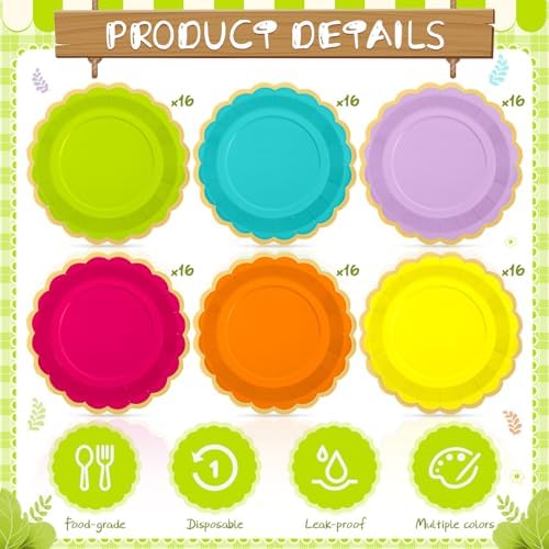96 Pcs Sage Paper Plates 9 Inch Scalloped Neon Colorful - Image 3