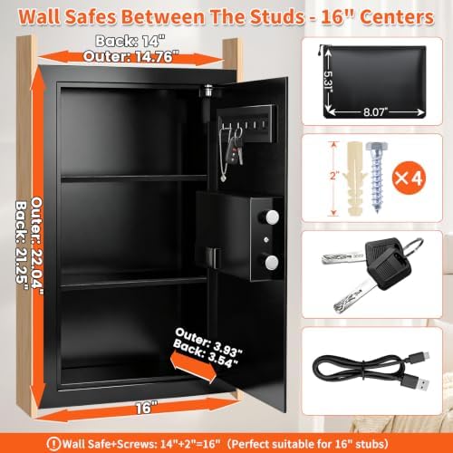 Black 22.05" Tall Wall Safes Between Studs 16" Centers with Fireproof Bag - Image 2
