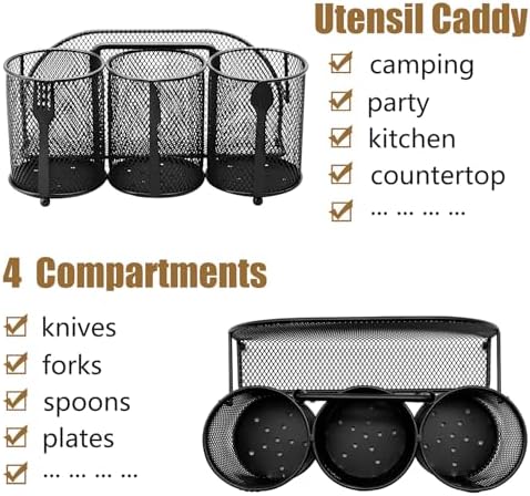 DysanVica Utensil Caddy Silverware Holder - 4 Compartment Metal Mesh Cutlery Fork Spoon Napkin Plate Organizer Flatware Storage Basket Party Kitchen Countertop Buffet Picnic Camping Outdoor BBQ Black - Image 2