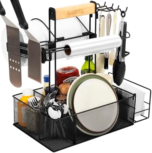 Geesta Grill Caddy for Outdoor Grill, BBQ Picnic Camping Caddy with Paper Towel Holder & Magnetic Tool Holder, Condiment Storage Utensil Kitchen Organizer for RV Camper, Tailgate Accessories by Geesta