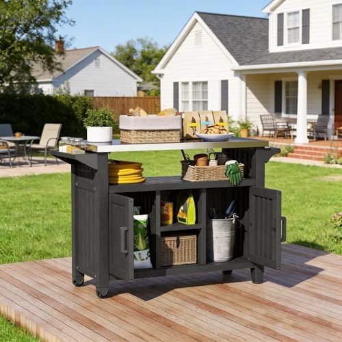 Bifanuo Outdoor Grill Table Grill Cart with Stainless Steel Top & Storage Cabinet for Food Prep and Storage, Portable and Durable with Wheels(Black) - Image 2