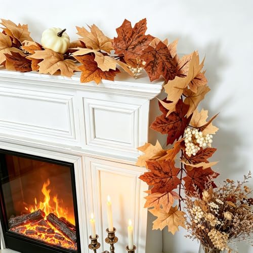 2 Pack Fall Garland with Lights-Total 12Ft Autumn Leaves Garland for Mantle Fireplace-Brown Fall Decor for Front Door with Pumpkins Indoor Maple for Stairs Porch Thanksgiving Decorations - Image 7