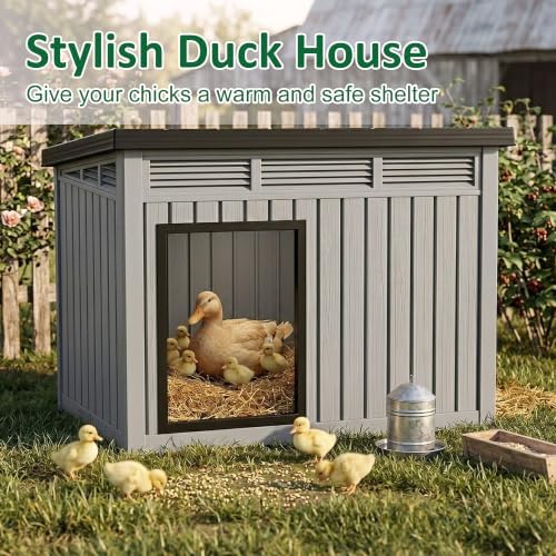 Chicken Coop with Hydraulic Air Rod, Resin Duck Coop with Elevated Floor and Air Vents, Duck House, Backyard Poultry Pet Shelter with Weatherproof Openable Roof, for Chicken, Ducks, Rabbits, Grey - Image 3