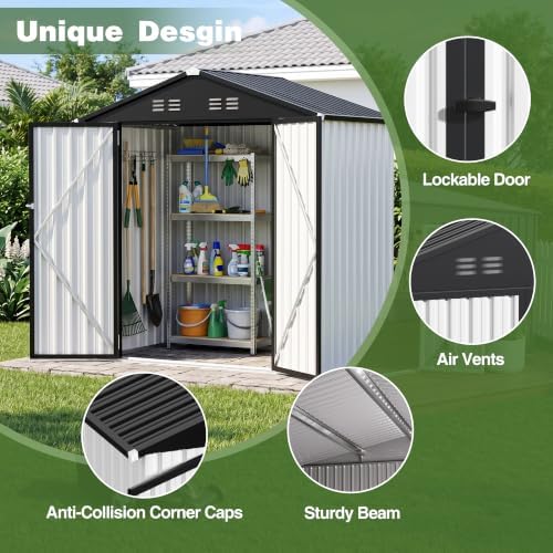 6 x 4 FT Outdoor Storage Shed, Waterproof Metal Garden Tool Shed with Gable Sloped Roof, Lockable Door & Air Vents for Backyard Patio Lawn, White - Image 3