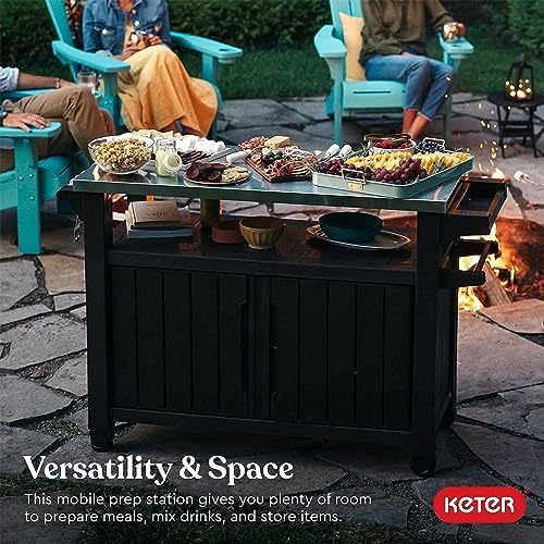 Keter Outdoor Rolling Table Cart for Food Prep, Storage, Dark Brown - Image 6