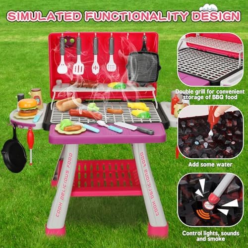 Kids Play Kitchen Toys, Kids BBQ Grill Kitchen Playset with Smoke, Sound & Light, Pink Play Food Toys Cooking Set, 2-Layer Barbecue Outdoor Play Grill Toy Gift for Toddler Girls 3-5, Pink - Image 3