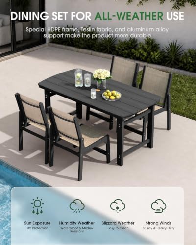 HDPE Outdoor Dining Set, Patio Table and 4 Stackable Armless Chairs, Black - Image 4