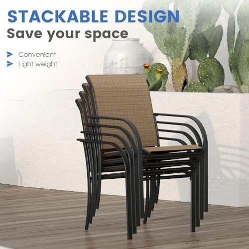 VICLLAX Large Patio Dining Furniture Set, Outdoor Dining Set for 10-60" Round Outdoor Table and Patio Stackable Chairs, Walnut Wood-Like Tabletop and Brown Fabric - Image 3