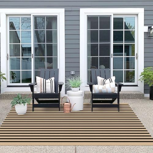 IOHOUZE 4x6 Striped Outdoor Rug, Washable Front Porch, Tan Black - Image 4