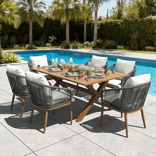 LayinSun 7 Pieces Outdoor Patio Dining Set, Aluminium Rectangular Dining Table and Wicker Rattan Chairs Set for Outside Backyard, Poolside by LayinSun