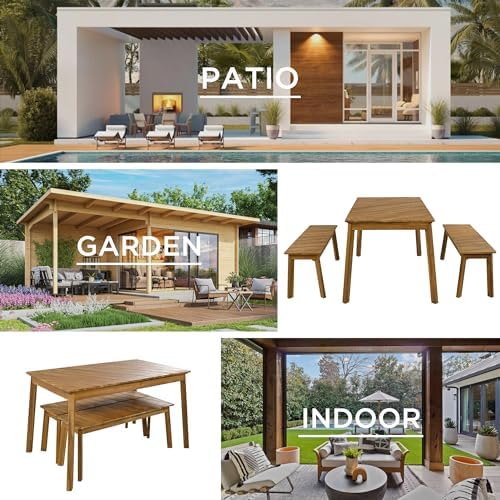 3-Pcs Outdoor Patio Dining Table & 2 Bench for 4, Wood Dining Table Set Outdoor & Indoor Furniture for Patio, Porch, Garden, Poolside, 3-Pcs, Wood - Image 4