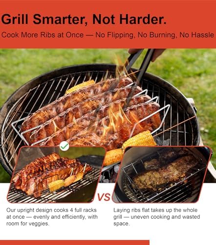 Rib Rack for Smoking – Foldable Extra Long Stainless Steel Rib Holder for 4 Ribs Upright – Fits 18" Smoker, Weber, Kamado, Traeger – BBQ Grill Accessories for Men & Meat Lovers - Image 2