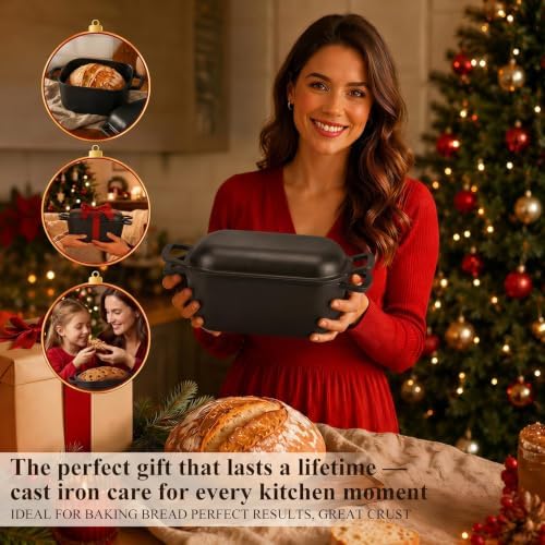 QuliMetal 3.6QT Oval Dutch Oven for Bread Baking - Pre-Seasoned Cast Iron Sourdough Bread Pan with Lid, cast iron loaf pans for bread, Even Heat Distribution for Meatloaf, Homemade Bread - Image 6