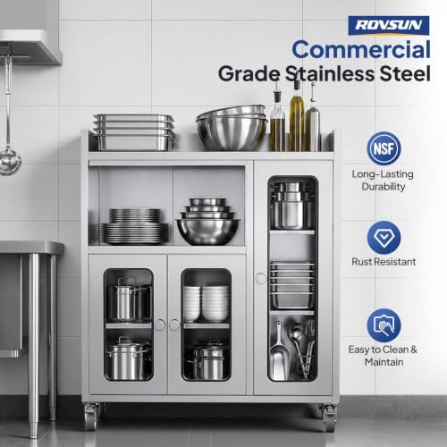 ROVSUN Stainless Steel Table with Cabinet & Wheels, 35.4" x 15.7" Commercial Kitchen Storage Cabinet for Pre Work with Glass Door, Large Storage Space for Kitchen Restaurant Garage Outdoor - Image 2