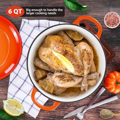 E-far 6 Quart Dutch Oven, Enameled Cast Iron Dutch Oven Pot with Lid, Nonstick Round Cookware for Braising/Stews/Roasting/Bread Baking/Cooking, Heavy Duty, Induction & Oven Safe - Orange - Image 7