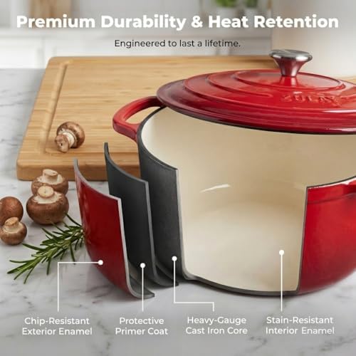 Zulay Kitchen 5 Quart Enameled Cast Iron Dutch Oven Pot with Lid – Premium Durability & Oven Safe up to 500°F – Heavy Duty Cookware Perfect for Bread Baking, Stews, Braising & Roasting – Ablaze Red - Image 5
