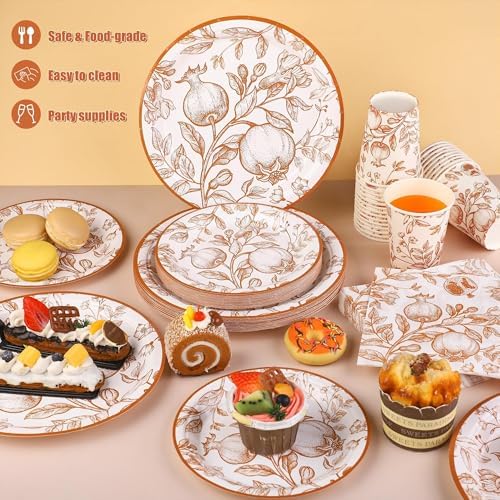 Kochorie 96 Pieces Fall Disposable Pomegranate Paper Plates Thanksgiving Vintage Floral Party Supplies Orange Floral Tableware Set Includes Paper Plates Cups Napkins Serve 24 for Wedding Baby Shower - Image 5