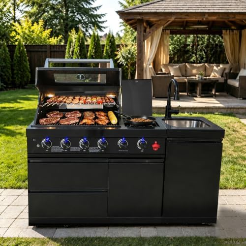 65" Modular Outdoor Kitchen Island,4-Burner 72,000 BTU Stainless Steel Propane Grill with Side Burner,Infrared Burner,Sink,and Granite Countertop.Gas Grill for Backyard & Patio BBQ. - Image 3