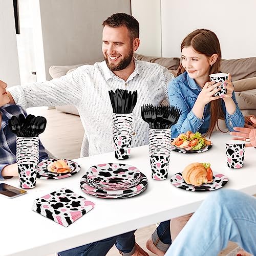 durony 350 Pieces Pink Cow Print Party Tableware Set Including Cowgirl Pink Cow Party Plates Cups Napkins Knives Forks Spoons Serves 50 for Baby Shower Farm Cow Party Decorations - Image 5