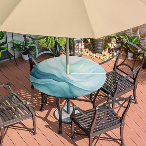 Fitted Round Tablecloth with Umbrella Hole and Zipper Abstract Teal Blue Outdoor Elastic Table Cloth 36"-44" Oil-Proof Waterproof Texture Patio Table Cover for Party Outdoor - Image 7
