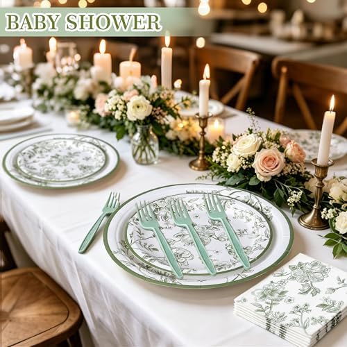 100 Pcs Disposable Sage Green Flower Tableware Set for 25 Guests - Image 3