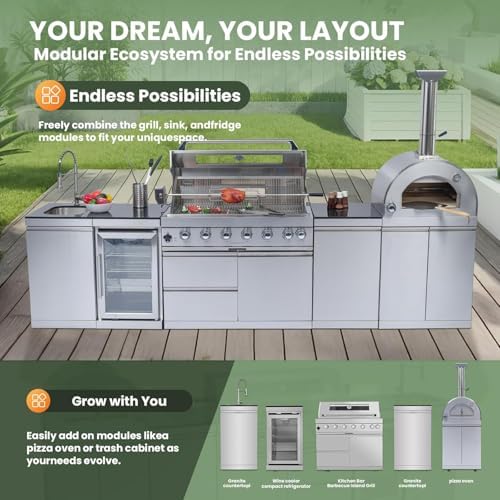 128" Outdoor Kitchen Island,Stainless Steel Natural Gas BBQ Grill with Pizza Oven, Rotisserie, Refrigerator, Granite Countertop, Storage Cabinets & Drawers 120,000 BTU. - Image 5