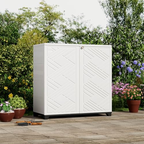 ZZM Indoor/Outdoor Storage Cabinet Waterproof, 34"x15"x34" Plastic Outdoor Storage Box for Garden Balcony Bathroom, All Weather Outdoor Storage Clearance, DIY Usage, with 2 Shelf (White) - Image 3