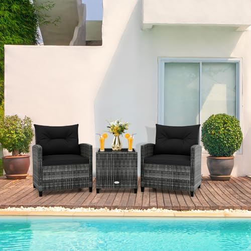 RELAX4LIFE 3 Piece Patio Furniture Set, Wicker Bistro Conversation Set w/2 Cushioned Armchairs & Glass Topped Table, Outdoor Rattan Sofa Set Patio Furniture for Porch Balcony Poolside (Grey-Black) - Image 2