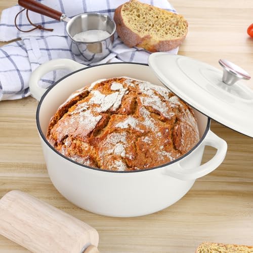 3 Qt Enameled Cast Iron Dutch Oven with Lid, E-far Small Round Nonstick Dutch Oven Pot for Bread Baking Braising Stews Roasting Cooking, Heavy Duty, Induction & Oven Safe - White - Image 4