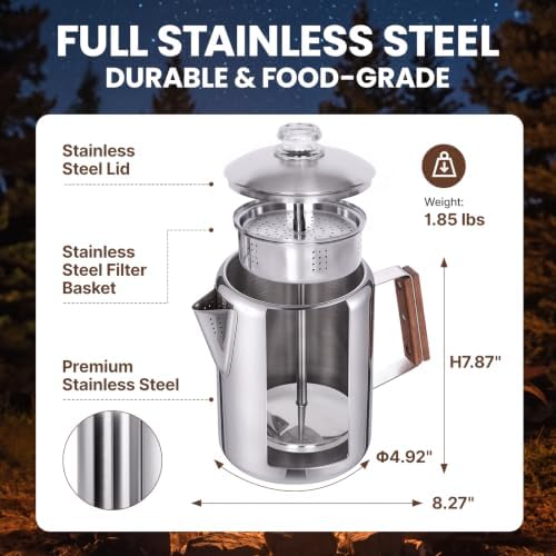 KingCamp Percolator Coffee Pot,304 Stainless Steel with Wood Handle,9 Cup - Image 2