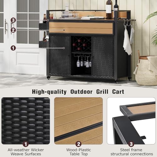 52.8" Wicker Outdoor Grill Cart with Extended Top & Storage - Image 6