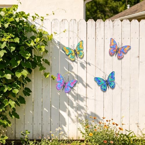 Daogtc Metal Butterfly Wall Decor - 9.6" Outdoor Fence Wall Art Decor, Hanging Decoration for Garden Yard Living Room Bedroom Patio Balcony(4 Pack) (Butterfly-G) - Image 2