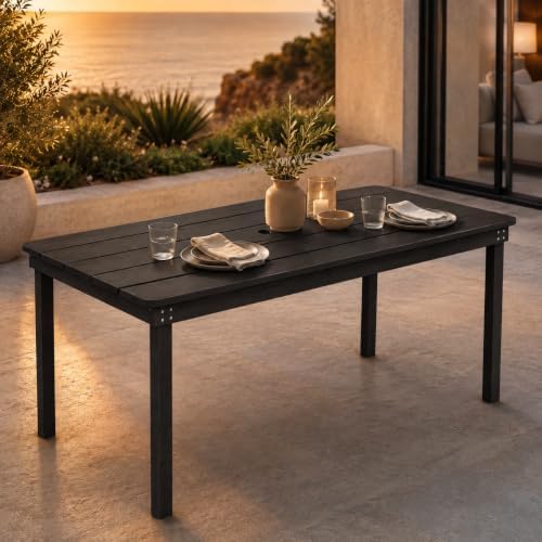 67" Rectangular Outdoor Dining Table, All-Weather HDPE Patio Table for 6-8 Person, Large Composite Wood Furniture with Umbrella Hole for Backyard Deck Garden Poolside, Black - Image 2