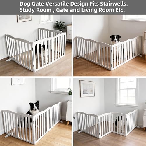 Freestanding Dog Gate Indoor,Doggie Gate Foldable Dog Gates for Doorways,Stairs or Hallways, Wooden White Pet Gate for The House, Pet Fence with Support Feet Included,32 "Height-6 Panels - Image 4