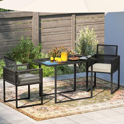 Tangkula 3 Pieces Patio Dining Set, Outdoor Space-Saving PE Wicker Bistro Set with Cushions, Patio Tempered Glass Top Table and Chairs Set for Porch, Garden and Backyard - Image 2