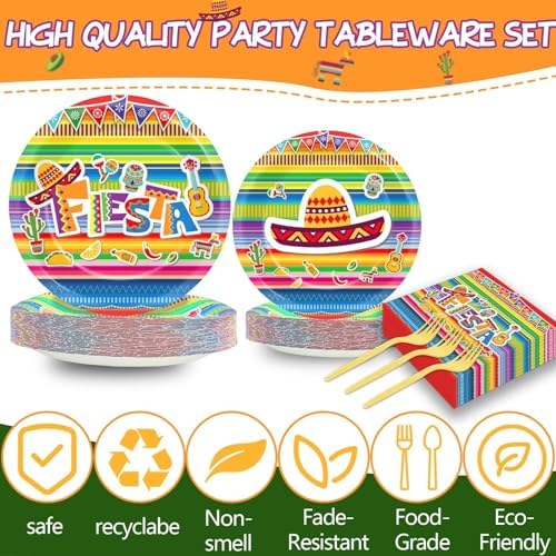200 PCS Mexican Fiesta Party Plates Napkins Fiesta Themed Tableware Set for Mexican Party Decorations Dessert Plates Forks Serves 50 Guests for Birthday Favor Supplies - Image 3