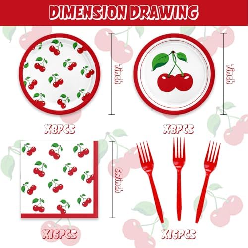 48Pcs Cherry Birthday Decorations Summer Fruit Theme Tableware Set Disposable Plates Napkins Forks Serves 16 Baby Shower Cherry Party Decorations - Image 2