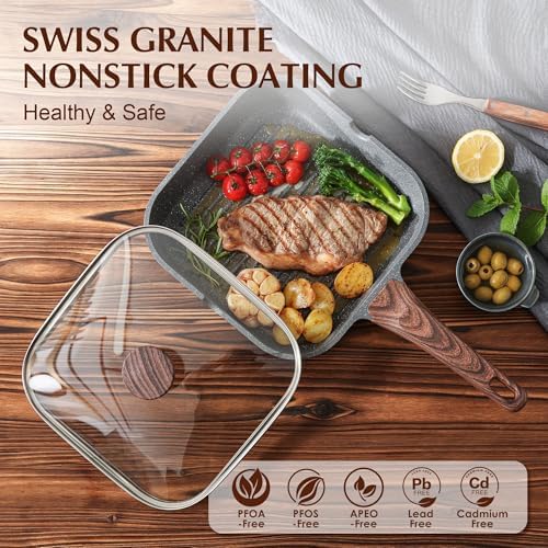 SENSARTE Nonstick Grill Pan with Lid, Grill Pan for Stove Tops, Versatile Griddle Pan with Pour Spouts, Square Grill Pan for Big Cooking Surface, Grill Skillet for Indoor Outdoor Grilling. PFOA Free - Image 2