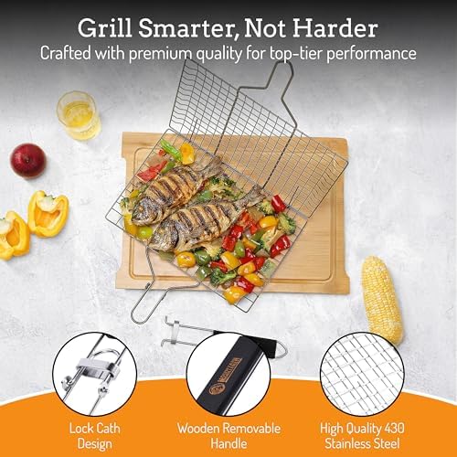Mountain Grillers BBQ Grill Basket - Stainless Steel Outdoor Grilling Rack for Fish, Vegetable, Chicken and Others - Charcoal Grill Tray Basket with Wooden Handle - Tools for Cooking Grilled Barbecue - Image 2